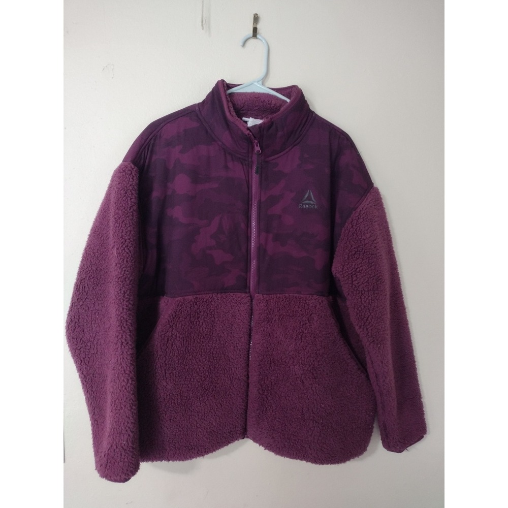 Reebok Womens XL Purple Camo Mixed Media Sherpa Fleece Full Zip Jacket Lined